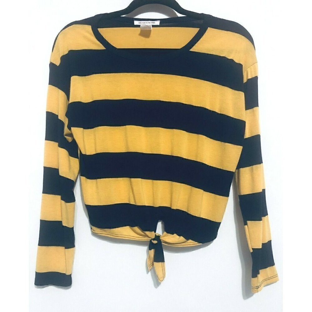 Caution to the Wind Womens Medium Yellow Navy Blue Striped Tie Front Crop Top